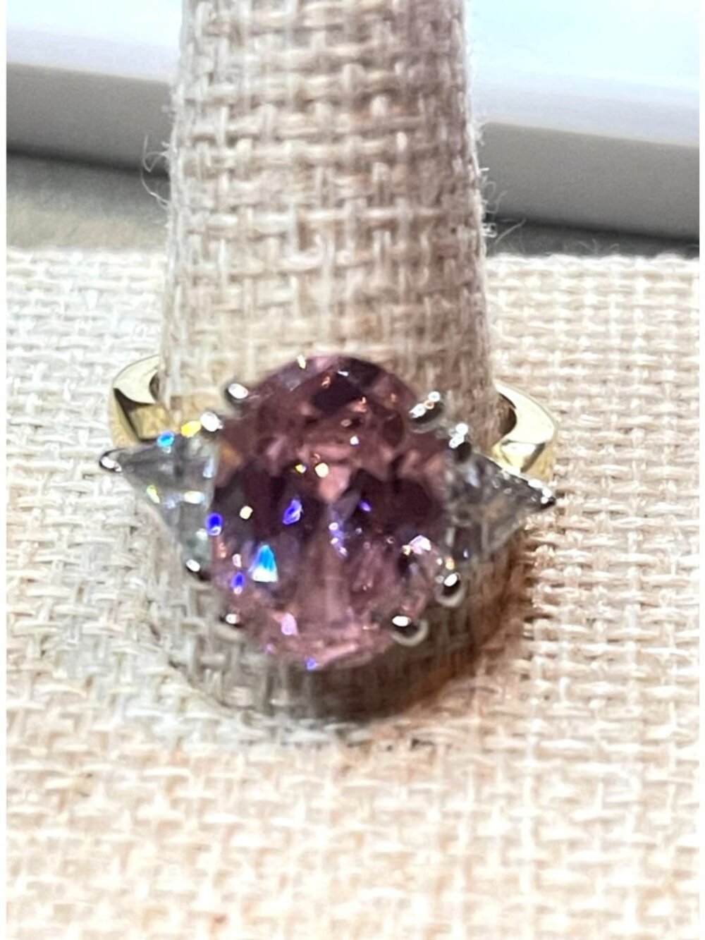 Gold Tone Three Stone Fashion Ring with Oval Pink Crystal and Trillion Rhineston